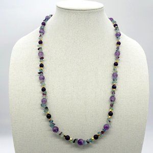 Necklace with Fluorite chips and Amethyst beads with gold accents.